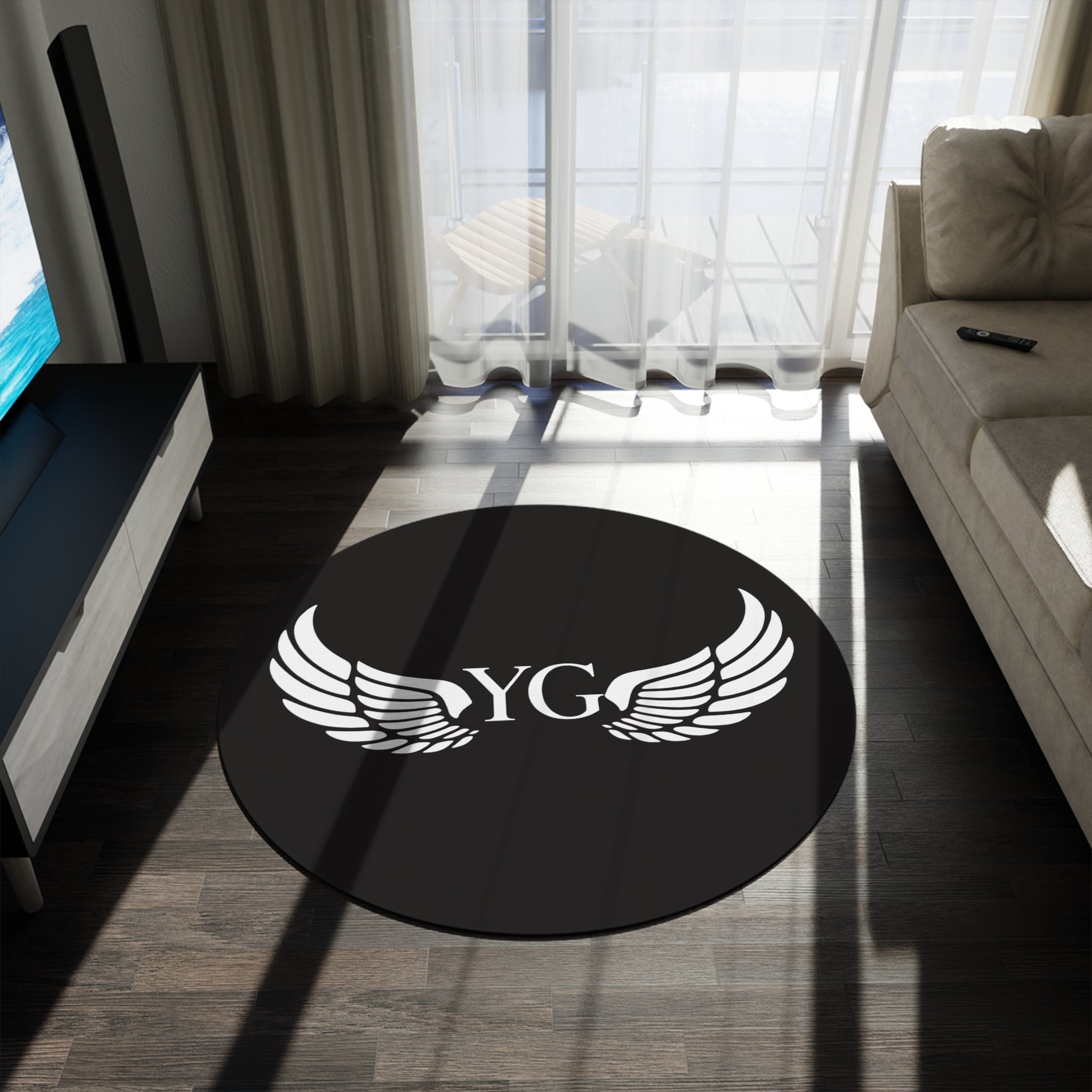 YG Wing Logo Round Rug — Black Decorative Floor Mat