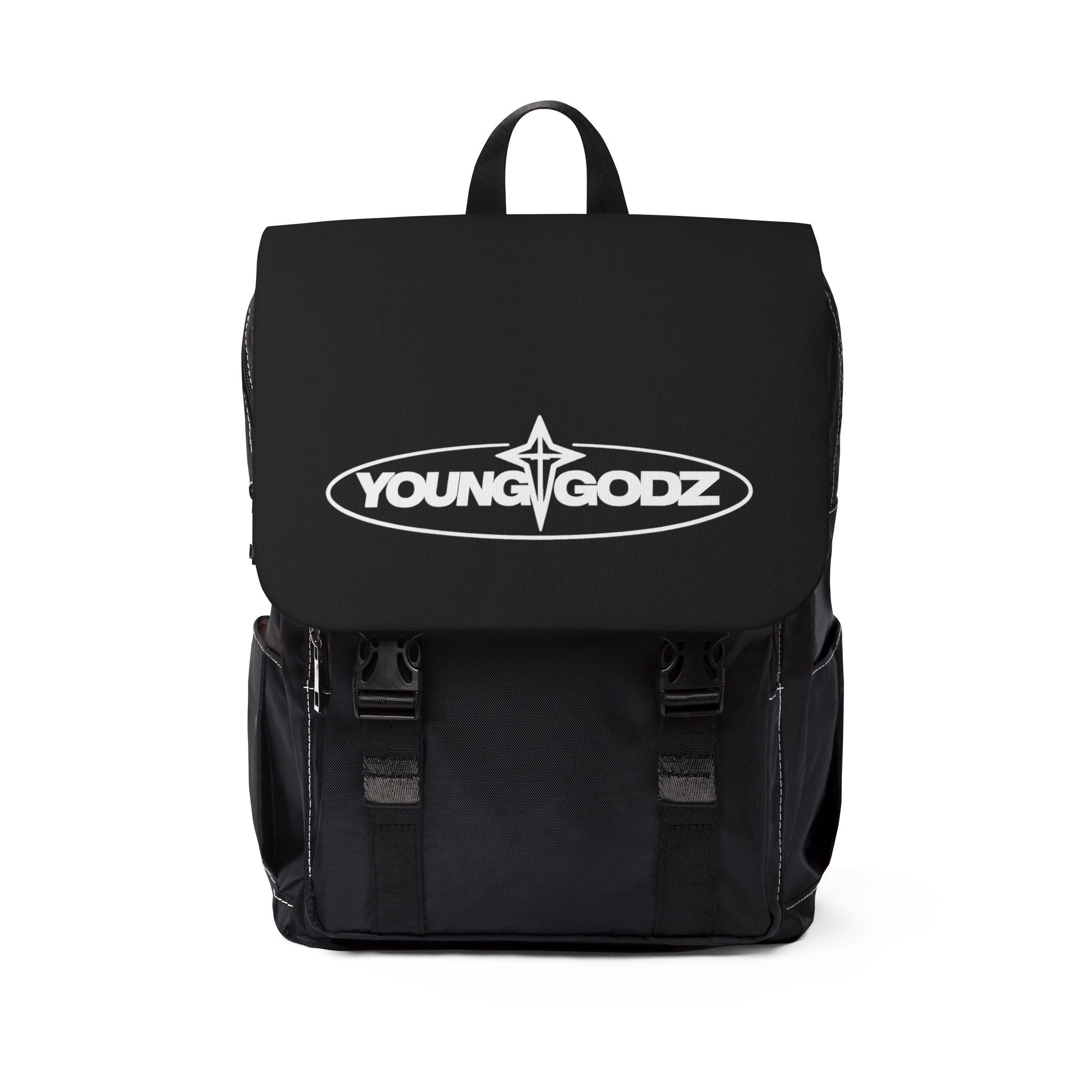 Cross Emblem Backpack – Casual Black Shoulder Backpack with Small Angel Wings Accent