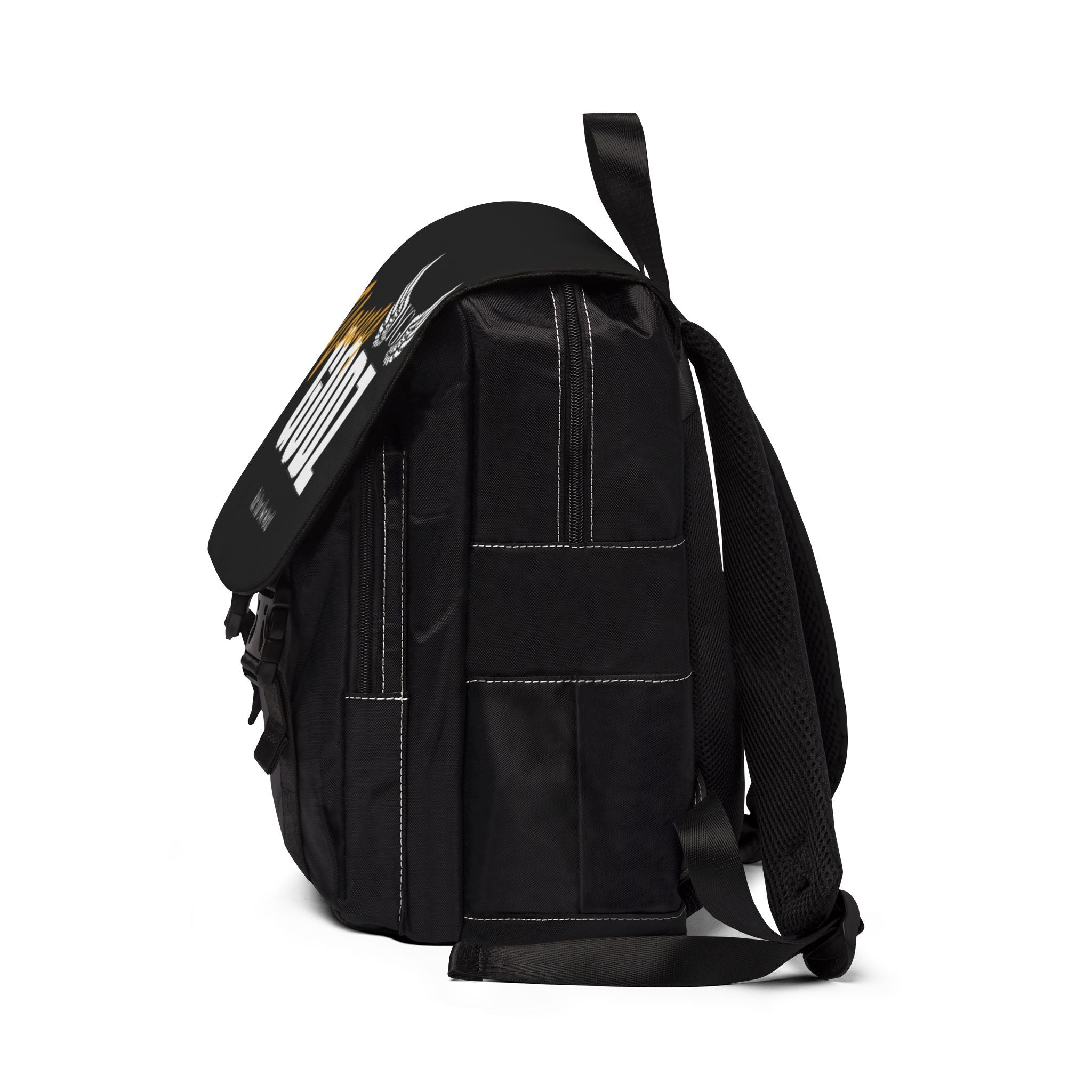 Winged Emblem Backpack – Casual Black Shoulder Backpack with Small Angel Wings Accent