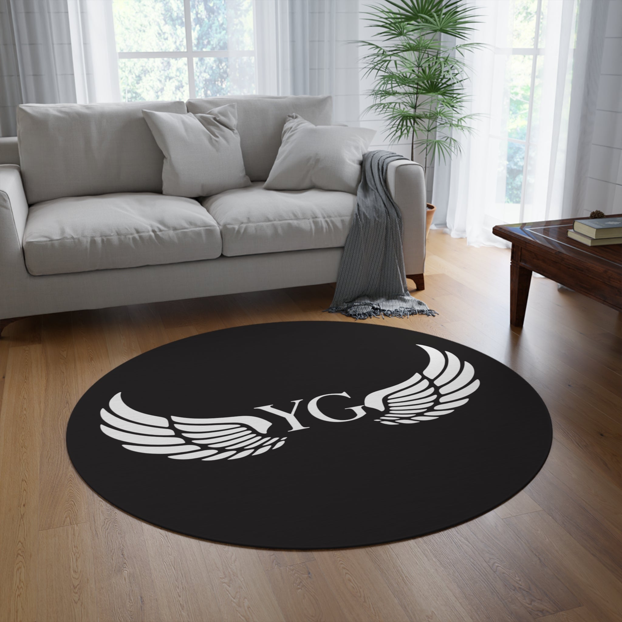 YG Wing Logo Round Rug — Black Decorative Floor Mat