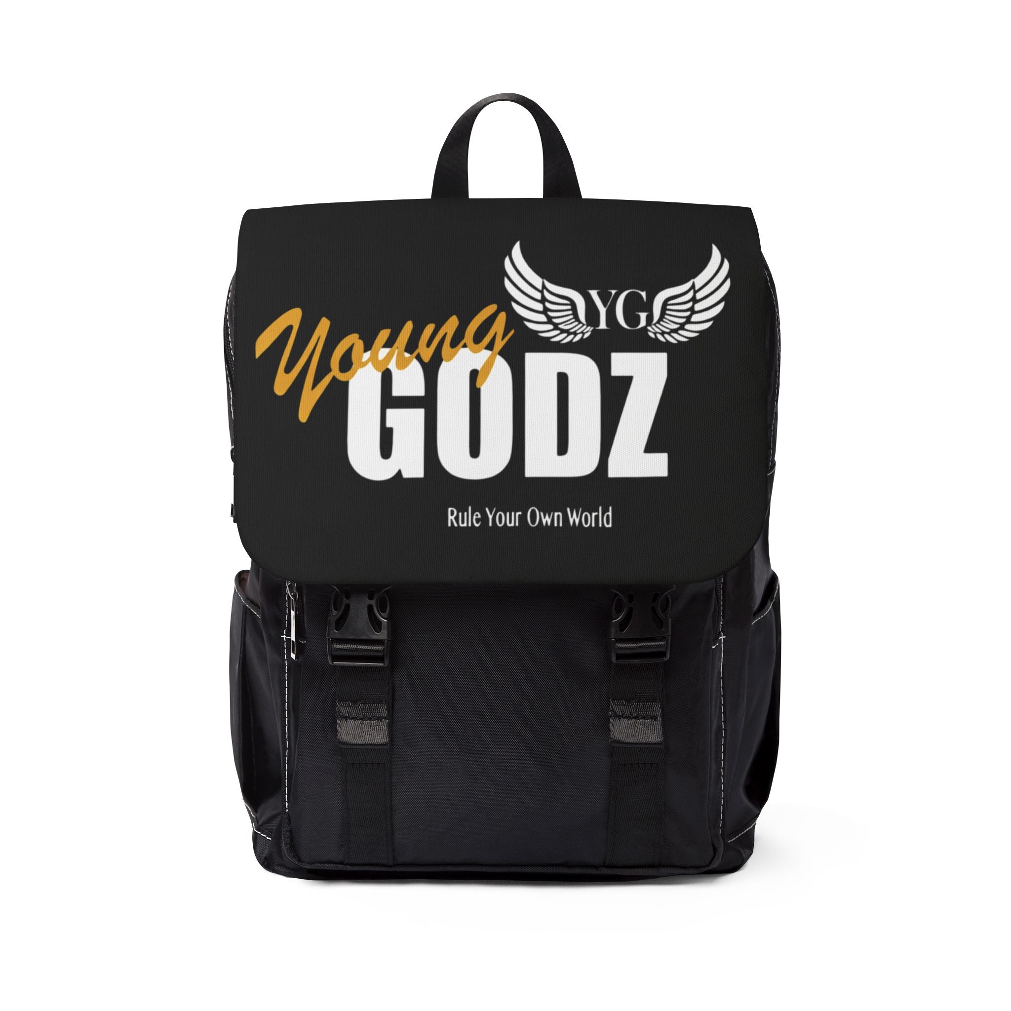 Winged Emblem Backpack – Casual Black Shoulder Backpack with Small Angel Wings Accent